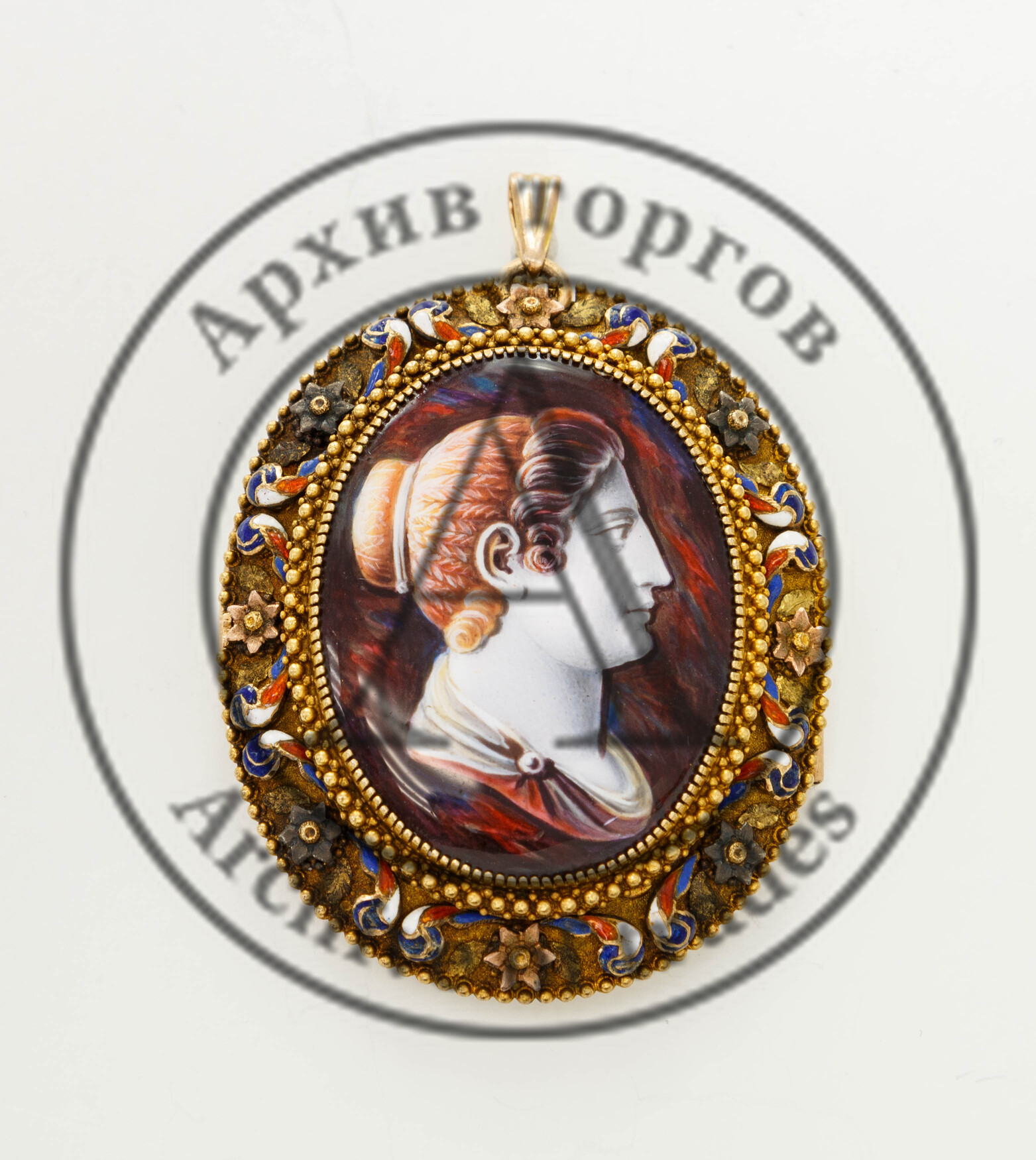Брошь-подвеска с лиможскими эмалями «Греческий профиль»