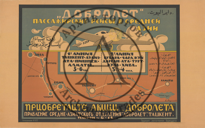 Плакат «Добролет» — пассажирские рейсы в Средней Азии»